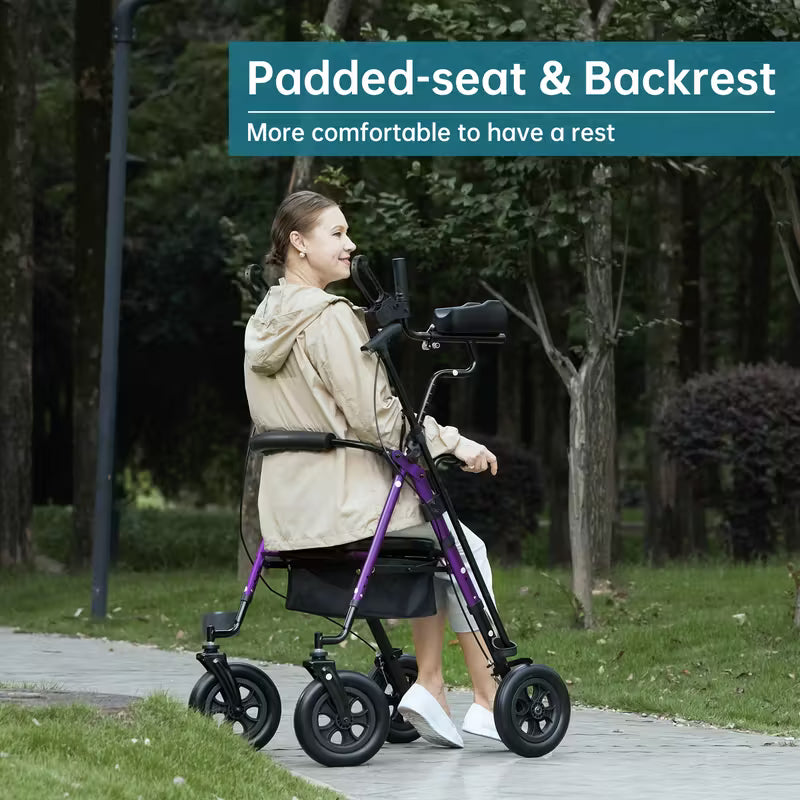All-Terrain Upright Rollator Walker with 10" Large PU Wheels & Adjustable Padded Armrests - Heavy-Duty Aluminum Frame, Non-Slip Traction, Sturdy Brakes