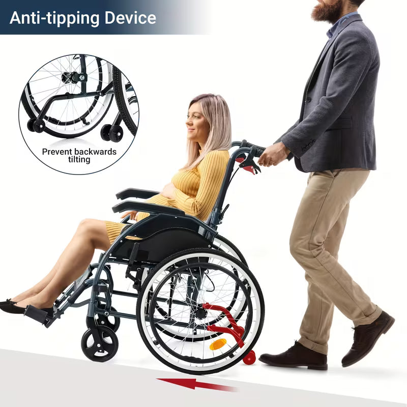 Aluminum Lightweigh Wheelchair for Adults, Only 25 lbs, with Anti-Tipping Device, High Strength Bracket, PU Wear-Resistant Shock-Absorbing Tires, Breathable Cushion