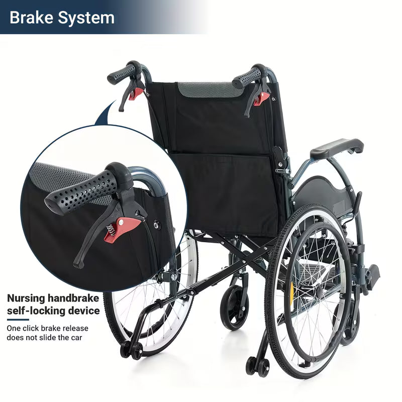 Aluminum Lightweigh Wheelchair for Adults, Only 25 lbs, with Anti-Tipping Device, High Strength Bracket, PU Wear-Resistant Shock-Absorbing Tires, Breathable Cushion