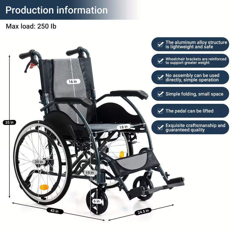 Aluminum Lightweigh Wheelchair for Adults, Only 25 lbs, with Anti-Tipping Device, High Strength Bracket, PU Wear-Resistant Shock-Absorbing Tires, Breathable Cushion
