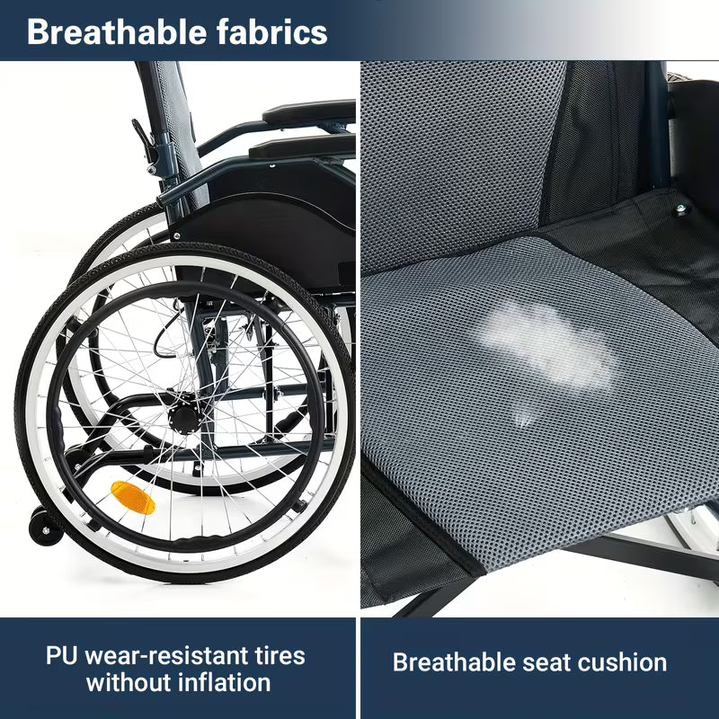 Aluminum Lightweigh Wheelchair for Adults, Only 25 lbs, with Anti-Tipping Device, High Strength Bracket, PU Wear-Resistant Shock-Absorbing Tires, Breathable Cushion