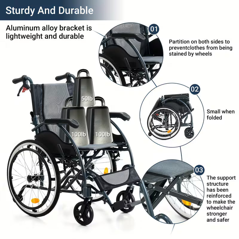 Aluminum Lightweigh Wheelchair for Adults, Only 25 lbs, with Anti-Tipping Device, High Strength Bracket, PU Wear-Resistant Shock-Absorbing Tires, Breathable Cushion