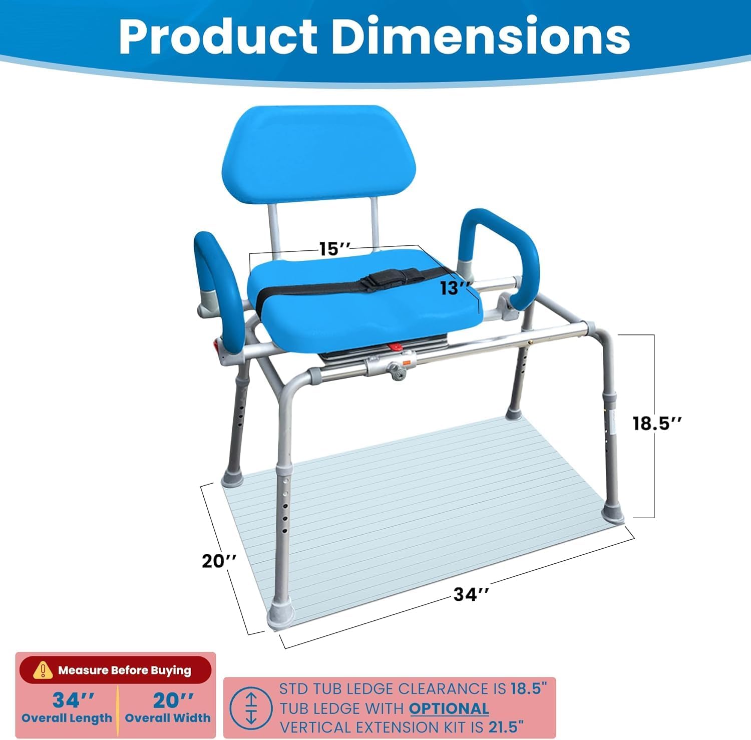 Carousel Sliding Shower Chair Tub Transfer Bench with Swivel Seat, Premium Padded, Pivoting Arms, Adjustable Space Saving Design for Tubs, Inside Shower, for Handicap & Seniors, Blue