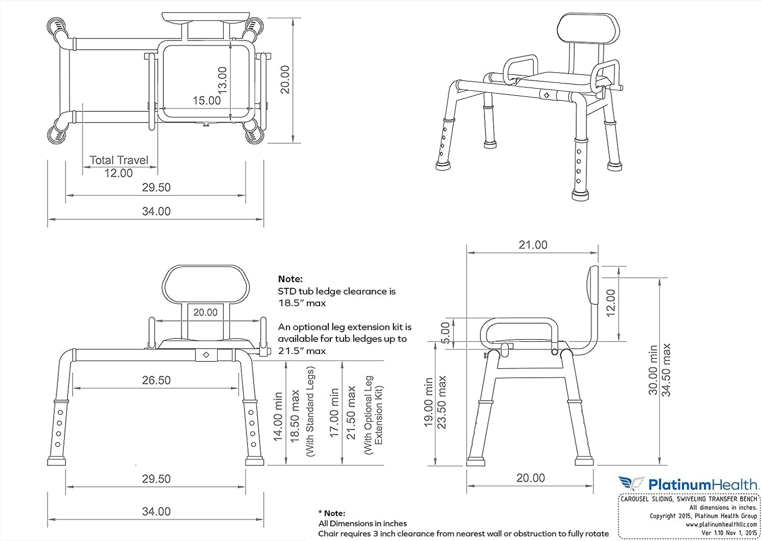 Carousel Sliding Shower Chair Tub Transfer Bench with Swivel Seat