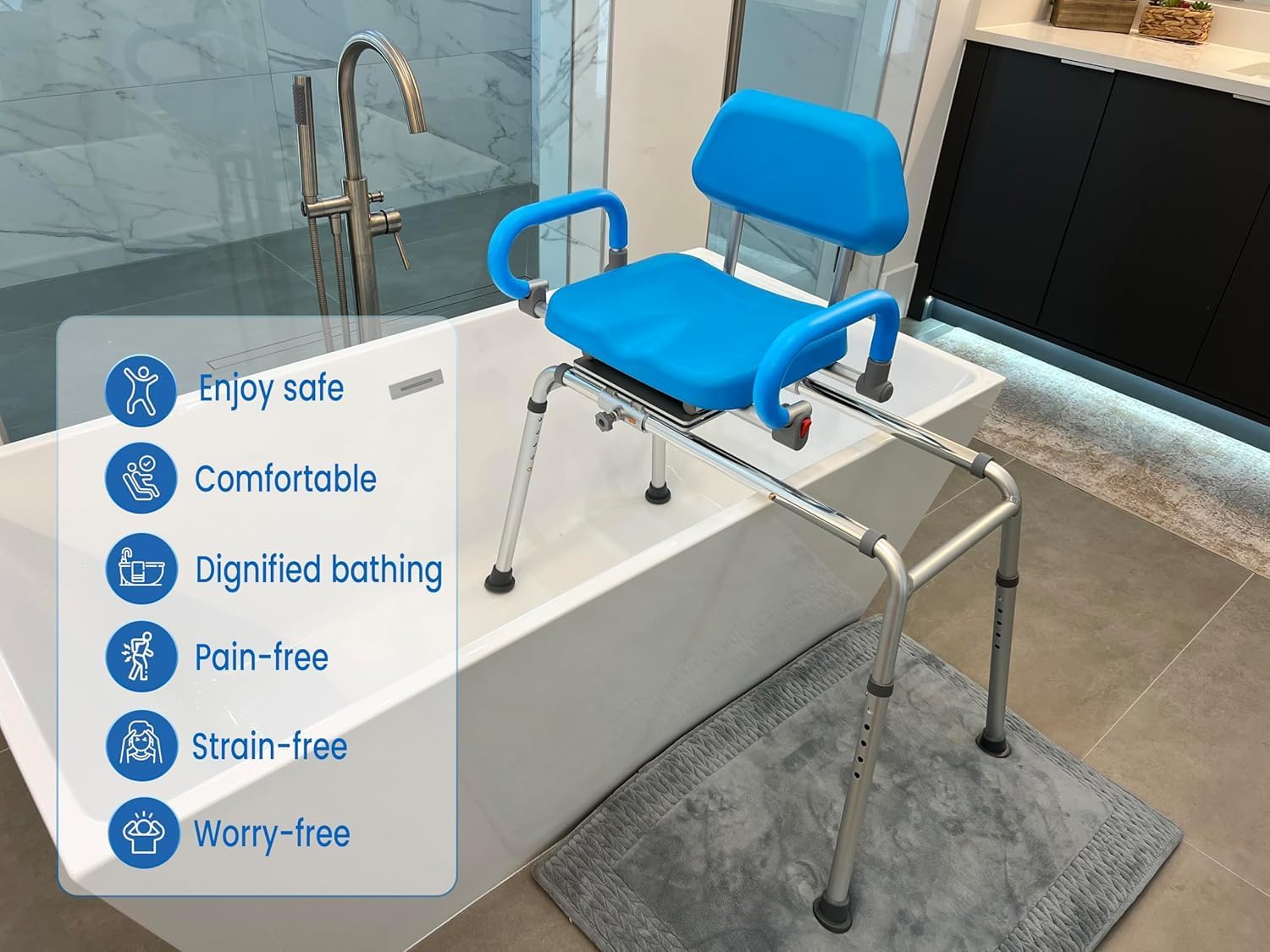 Carousel Sliding Shower Chair Tub Transfer Bench with Swivel Seat, Premium Padded, Pivoting Arms, Adjustable Space Saving Design for Tubs, Inside Shower, for Handicap & Seniors, Blue