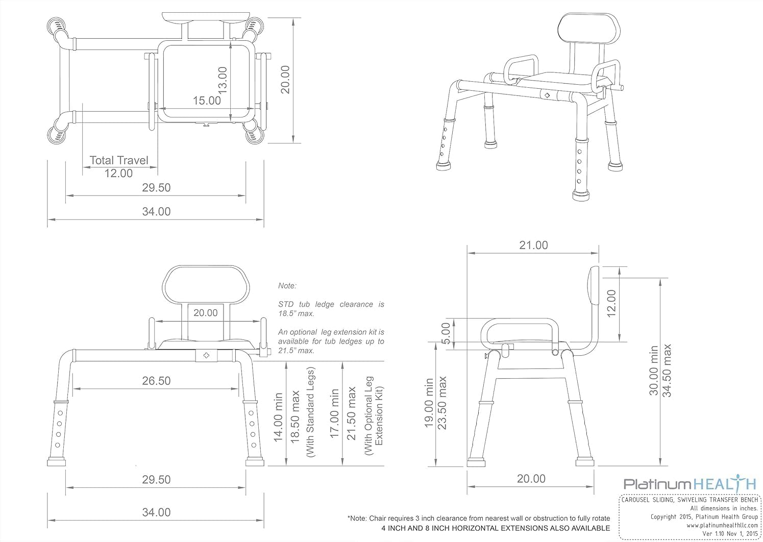 Carousel Sliding Shower Chair Tub Transfer Bench with Swivel Seat, Premium Padded, Pivoting Arms, Adjustable Space Saving Design for Tubs, Inside Shower, for Handicap & Seniors, Blue