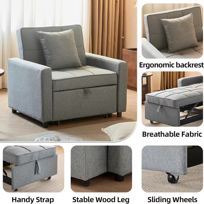 3-in-1 Convertible Sofa Bed Chair, Futon Couch with Pull-Out Bed & Reclining Backrest, Space-Saving Design - No Assembly Required, Removable Sleeper Sofa, Ideal for Small Apartments, Dorms, Studios, Ships from US