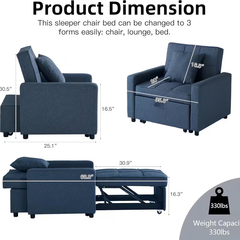 3-in-1 Convertible Sofa Bed Chair, Futon Couch with Pull-Out Bed & Reclining Backrest, Space-Saving Design - No Assembly Required, Removable Sleeper Sofa, Ideal for Small Apartments, Dorms, Studios, Ships from US