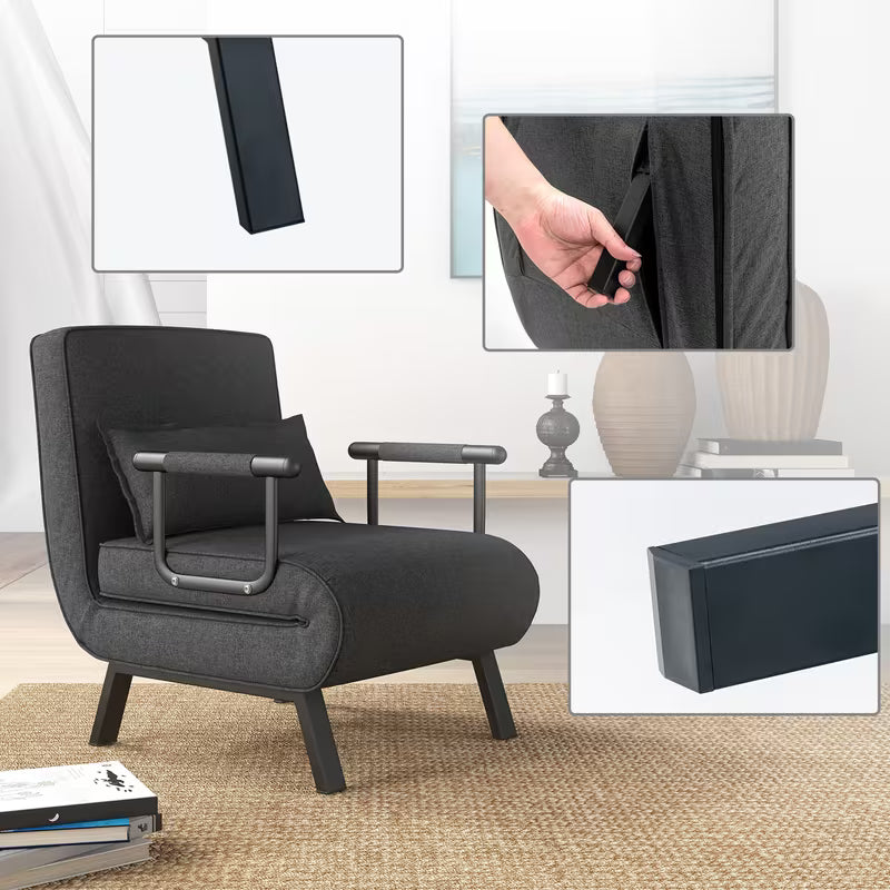 Convertible Sofa Bed, 4-in-1 Folding Armchair Sleeper with 6-Position Adjustable Backrest, Upholstered Chaise Lounge with Removable Pillow, Sturdy Metal Frame, Single Couch Bed for Home, Office, or Apartment