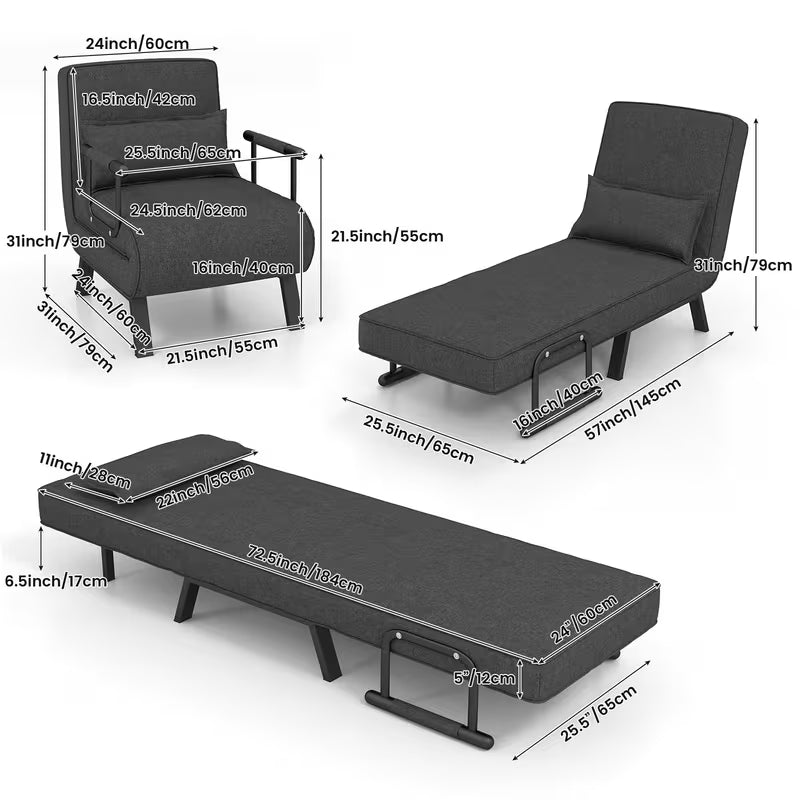 Convertible Sofa Bed, 4-in-1 Folding Armchair Sleeper with 6-Position Adjustable Backrest, Upholstered Chaise Lounge with Removable Pillow, Sturdy Metal Frame, Single Couch Bed for Home, Office, or Apartment