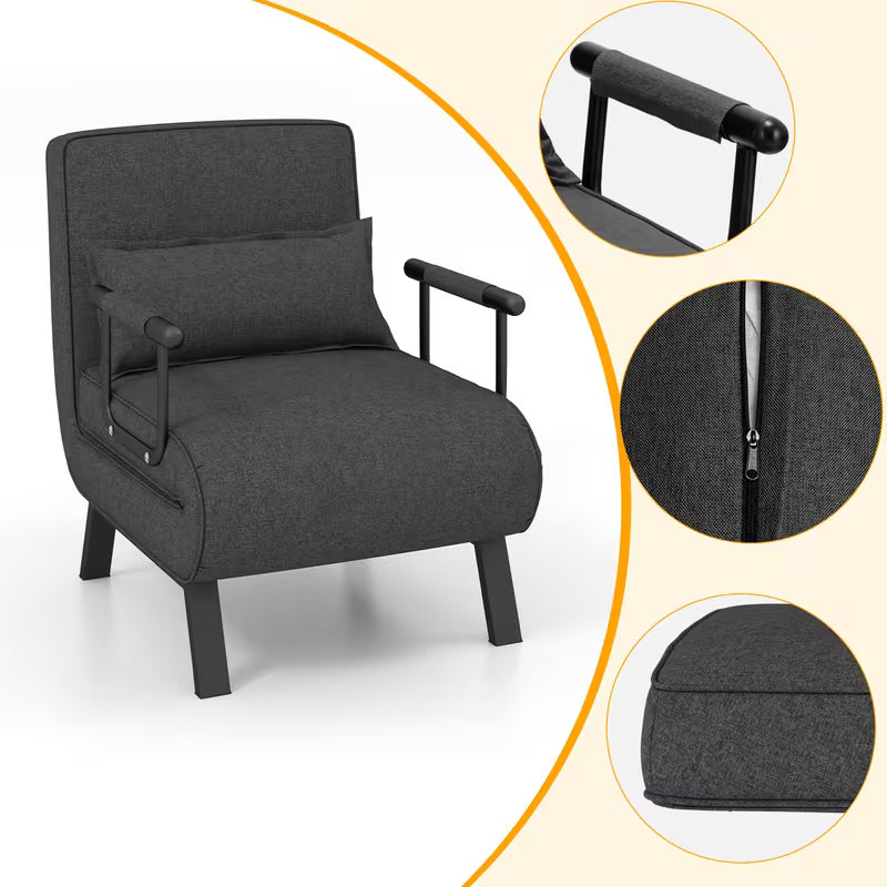 Convertible Sofa Bed, 4-in-1 Folding Armchair Sleeper with 6-Position Adjustable Backrest, Upholstered Chaise Lounge with Removable Pillow, Sturdy Metal Frame, Single Couch Bed for Home, Office, or Apartment