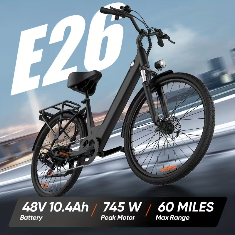 745W Electric Bike For Adults, 26" Commuter EBike With 48V 10.4Ah Removable Battery, 40-60 Miles Range, Dual Shock Absorbers