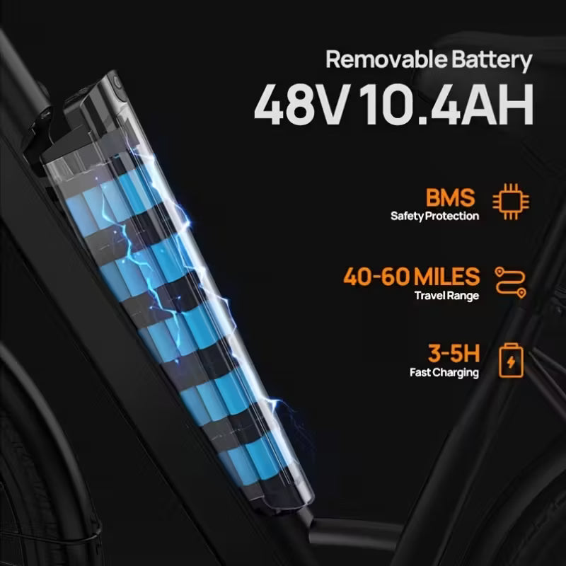 745W Electric Bike For Adults, 26" Commuter EBike With 48V 10.4Ah Removable Battery, 40-60 Miles Range, Dual Shock Absorbers
