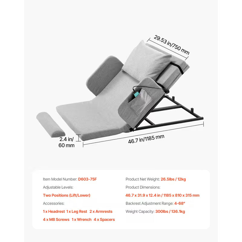 Electric Lifting Backrest 300 lbs 4-68° Adjustable with Guardrail & Pouch