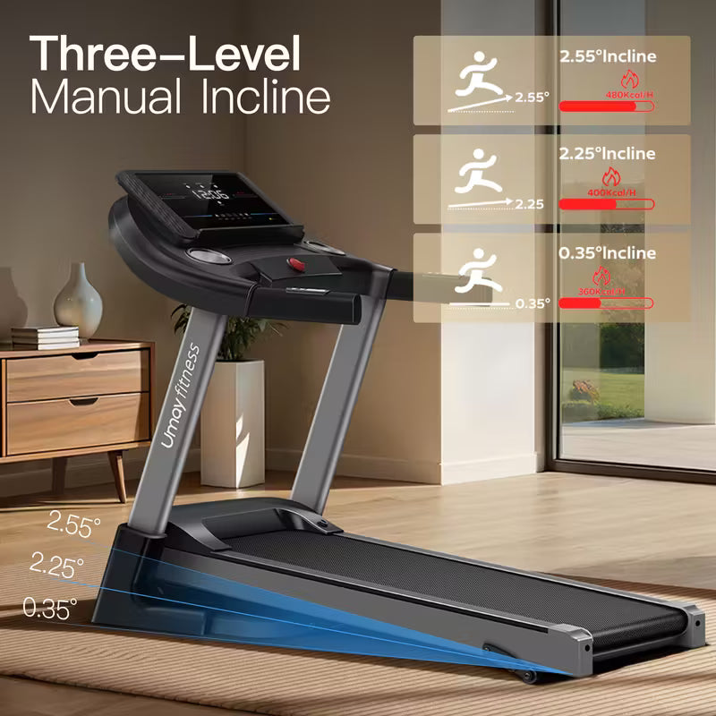 Fitness Home Folding 3 Level Incline Treadmill with Pulse Sensors, 3.0 HP Quiet Brushless, 8.7 MPH, 300 lbs Capacity, Black
