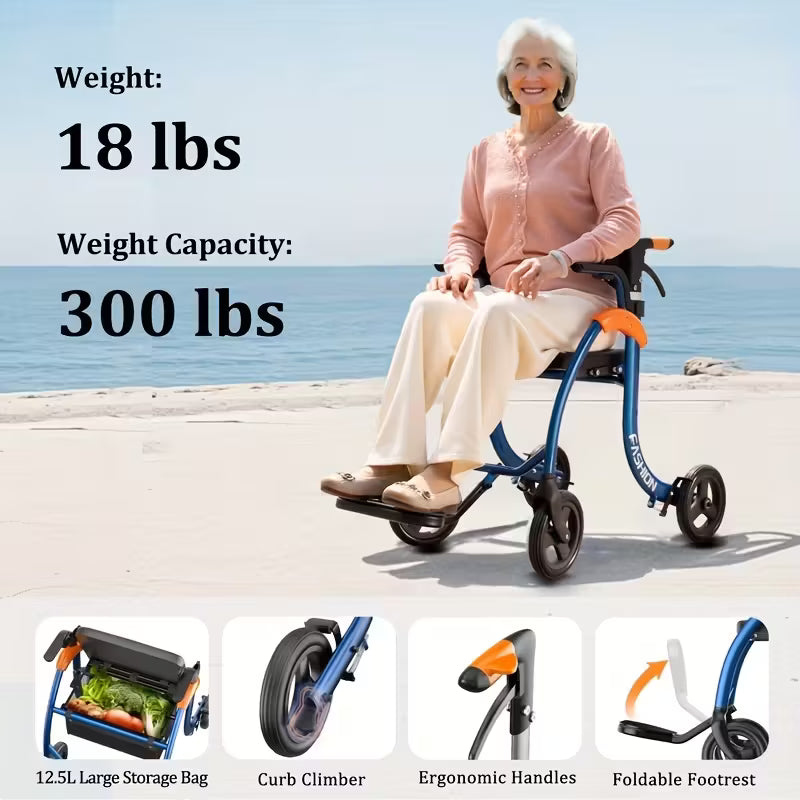Foldable Walker With 8-inch Wide Tires, Rest Seat, Height-adjustable Armrests, Storage Space, 300-pound Weight Limit For Daily Mobility.