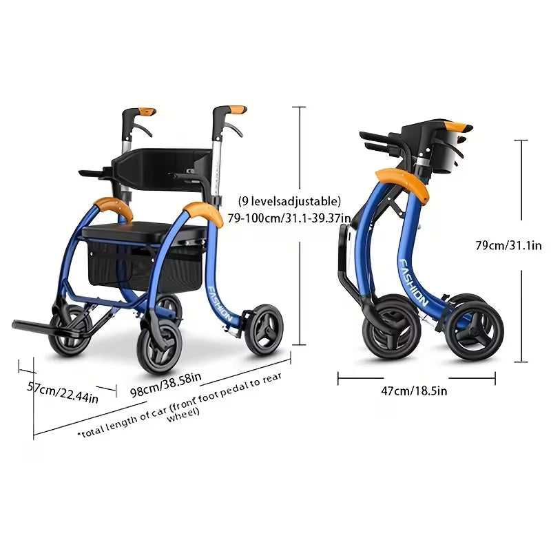 Foldable Walker With 8-inch Wide Tires, Rest Seat, Height-adjustable Armrests, Storage Space, 300-pound Weight Limit For Daily Mobility.