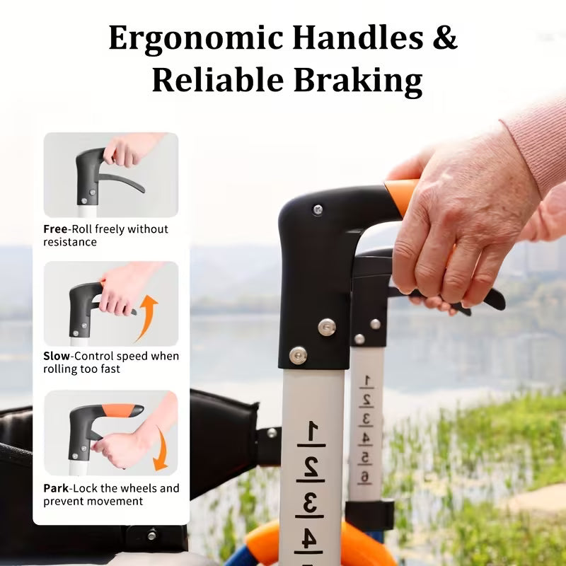 Foldable Walker With 8-inch Wide Tires, Rest Seat, Height-adjustable Armrests, Storage Space, 300-pound Weight Limit For Daily Mobility.