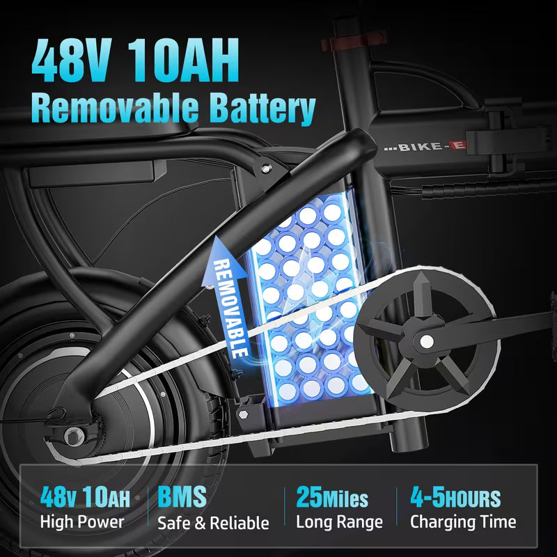 Folding Electric Bicycle, Peak Power 500 Watts, 20 Miles/ Per Hour Brushless Motor, 14-inch Tires, 48-volt 10 Ampere-hour Detachable Battery, Adult Electric Bicycle, Electric Bicycle, Suitable For Urban Commuting, Is The Best Choice For A Gift.