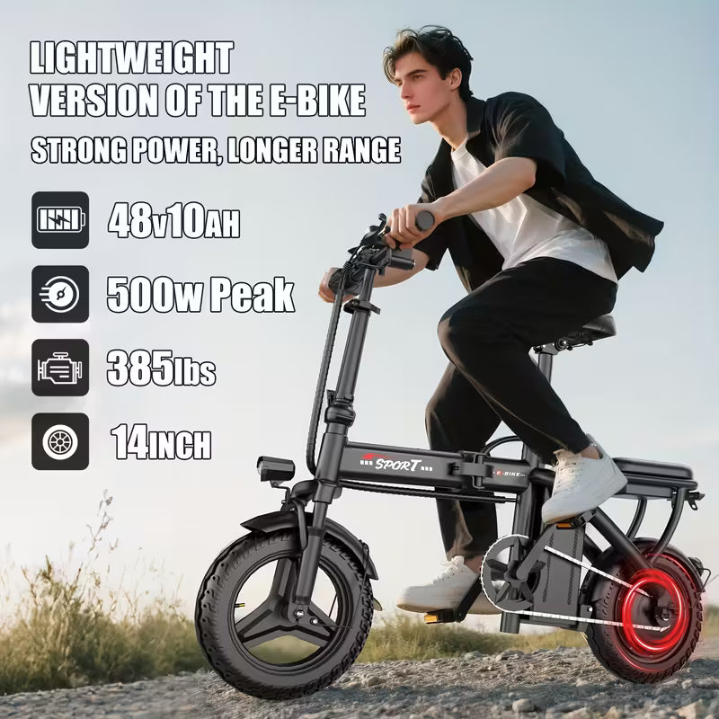 Folding Electric Bicycle, Peak Power 500 Watts, 20 Miles/ Per Hour Brushless Motor, 14-inch Tires, 48-volt 10 Ampere-hour Detachable Battery, Adult Electric Bicycle, Electric Bicycle, Suitable For Urban Commuting, Is The Best Choice For A Gift.