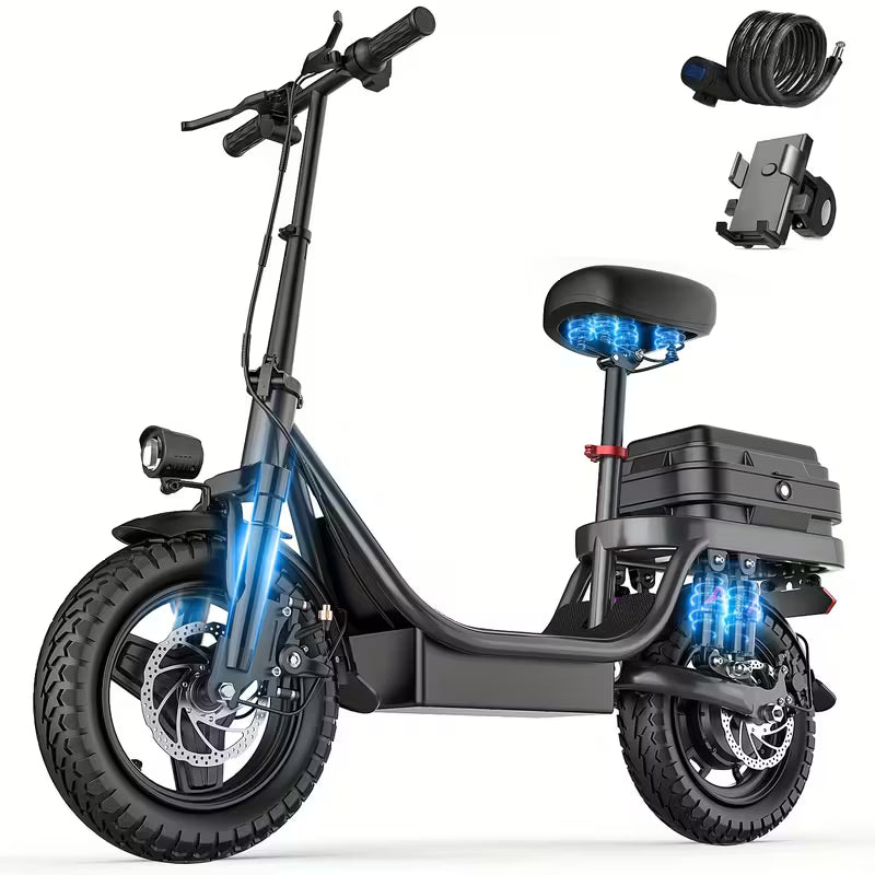 740W Electric Bike For Adults, 20MPH Full Shock Absorption Comfortable Riding, 48V10AH/15Ah, 10-35Miles Folding Ebike, 14'' Tubeless Off-road Tire, City Commuter Battery Optional