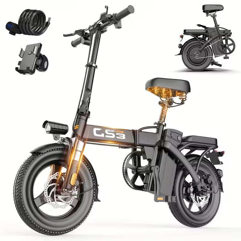 740W Electric Bike For Adults, 20MPH Full Shock Absorption Comfortable Riding, 48V10AH/15Ah, 10-35Miles Folding Ebike, 14'' Tubeless Off-road Tire, City Commuter Battery Optional