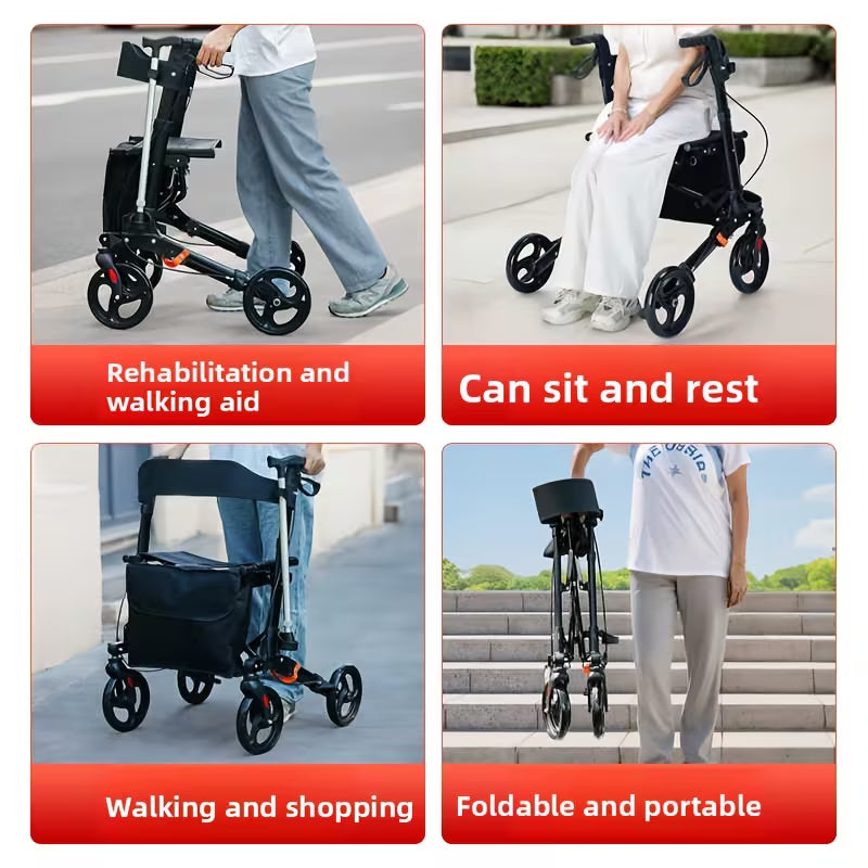 Heavy-Duty 4-Wheel Folding Shopping Cart with Seat & Brakes - 15lb Capacity