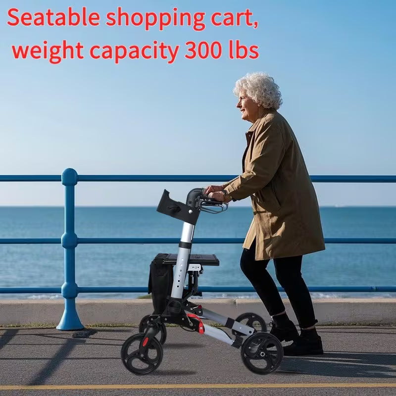 Heavy-Duty 4-Wheel Folding Shopping Cart with Seat & Brakes - 15lb Capacity