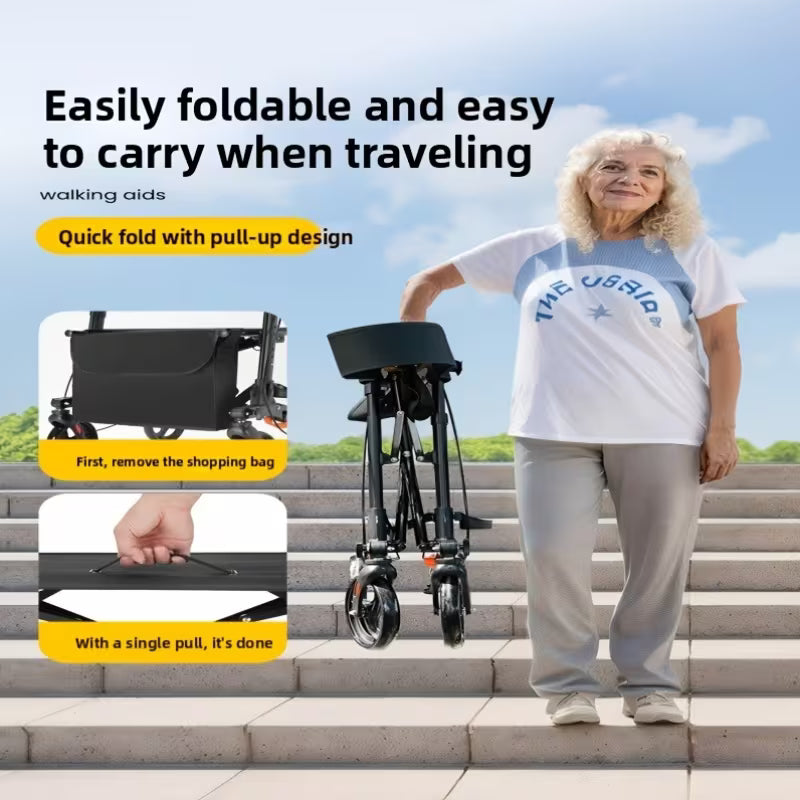 Heavy-Duty 4-Wheel Folding Shopping Cart with Seat & Brakes - 15lb Capacity