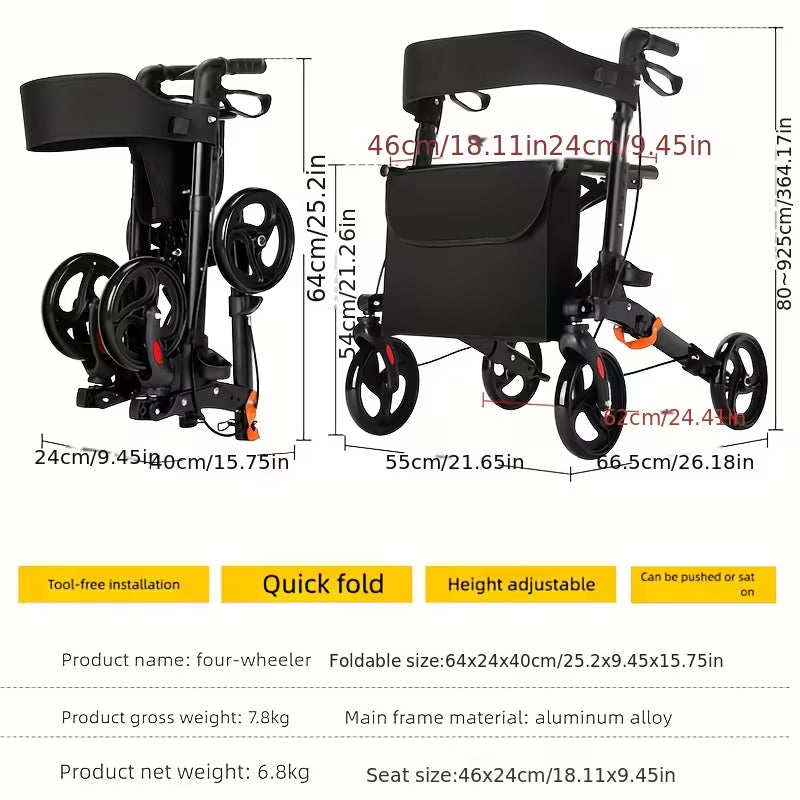 Heavy-Duty 4-Wheel Folding Shopping Cart with Seat & Brakes - 15lb Capacity