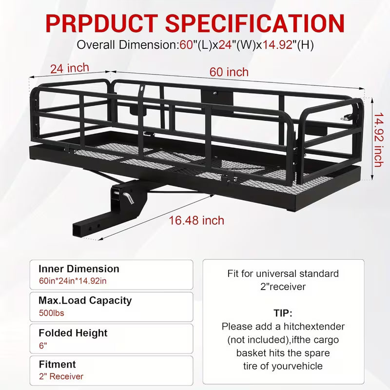 Heavy-Duty 500LB Hitch Cargo Carrier Rack 60x24x14 Foldable SUV Pickup Truck