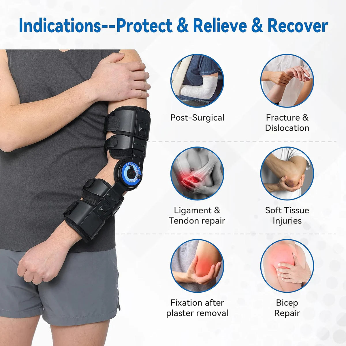 Hinged ROM Elbow Brace, Adjustable Post OP Elbow Brace Stabilizer Splint Arm Injury Recovery Support After Surgery