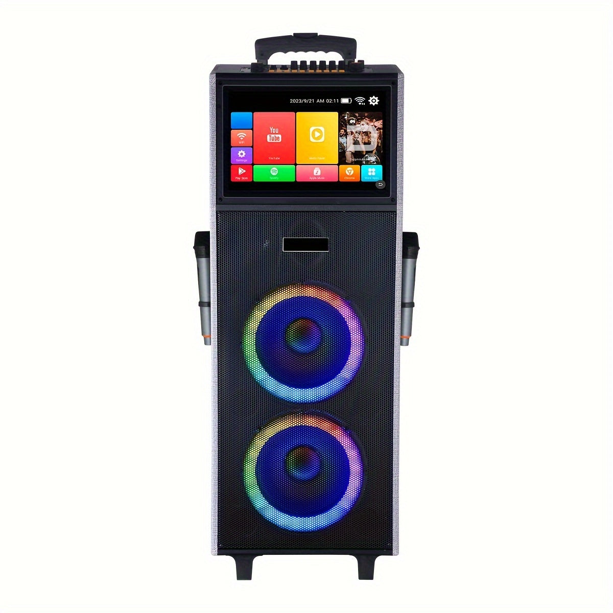 Karaoke Machine With 2 UHF Wireless Microphones For Adults, 4000W Dual 8'' Woofer All In One Wireless Karaoke Speaker, PA System With DJ Light, Rolling Wheels And Trolley, Perfect For Outdoor, 14.1" Touchscreen, USB/TF/FM/AUX