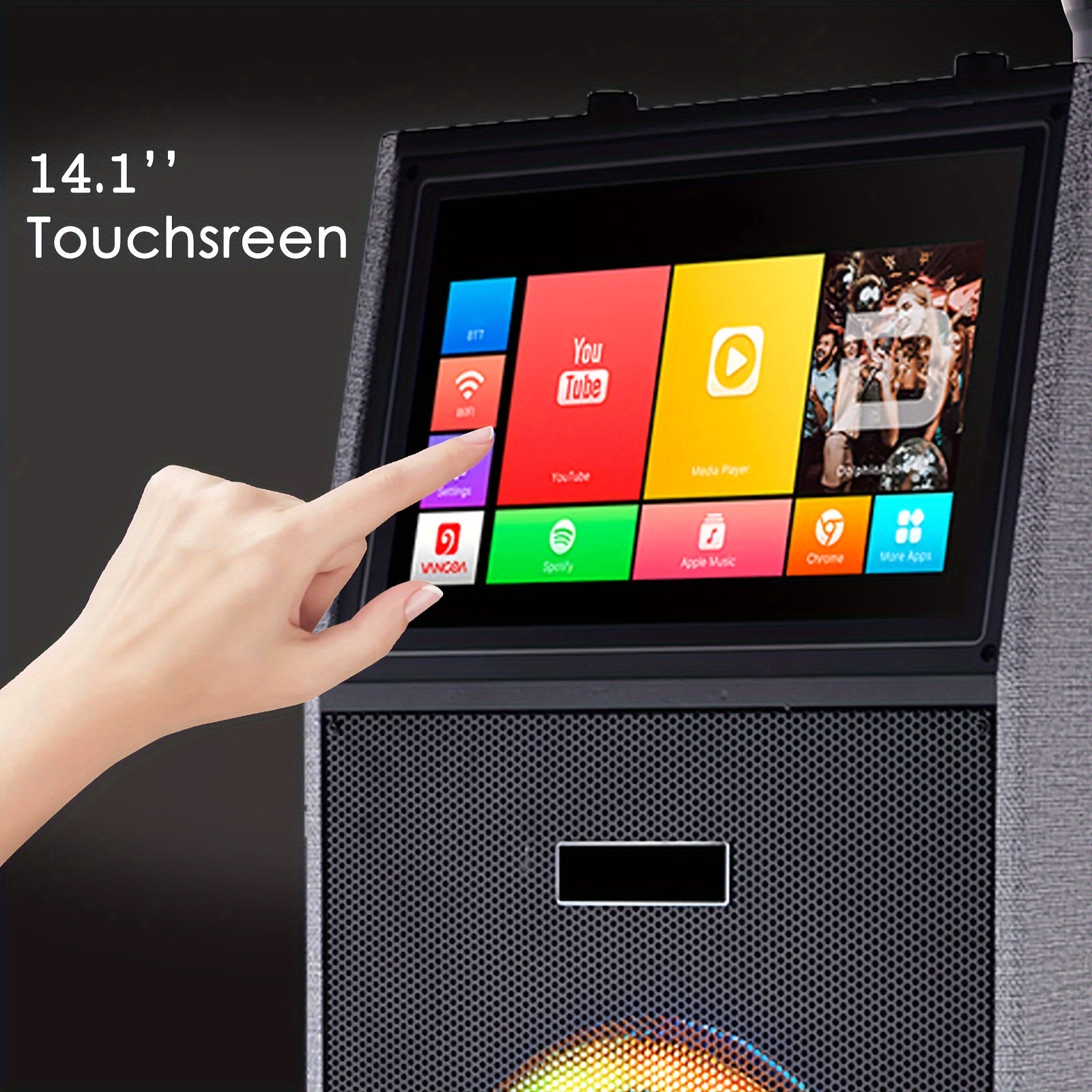 Karaoke Machine With 2 UHF Wireless Microphones For Adults, 4000W Dual 8'' Woofer All In One Wireless Karaoke Speaker, PA System With DJ Light, Rolling Wheels And Trolley, Perfect For Outdoor, 14.1" Touchscreen, USB/TF/FM/AUX