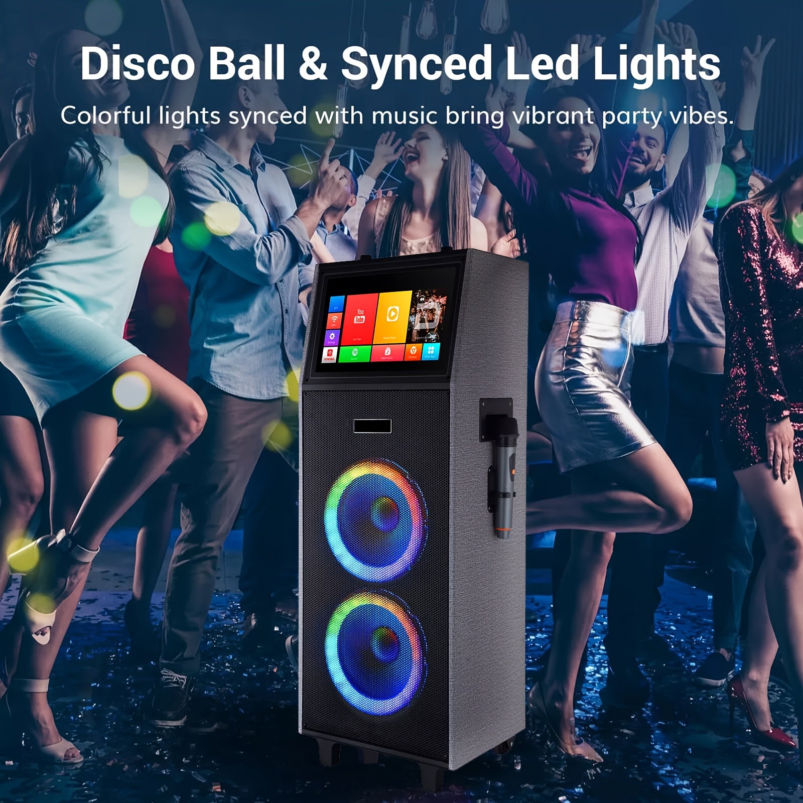 Karaoke Machine With 2 UHF Wireless Microphones For Adults, 4000W Dual 8'' Woofer All In One Wireless Karaoke Speaker, PA System With DJ Light, Rolling Wheels And Trolley, Perfect For Outdoor, 14.1" Touchscreen, USB/TF/FM/AUX