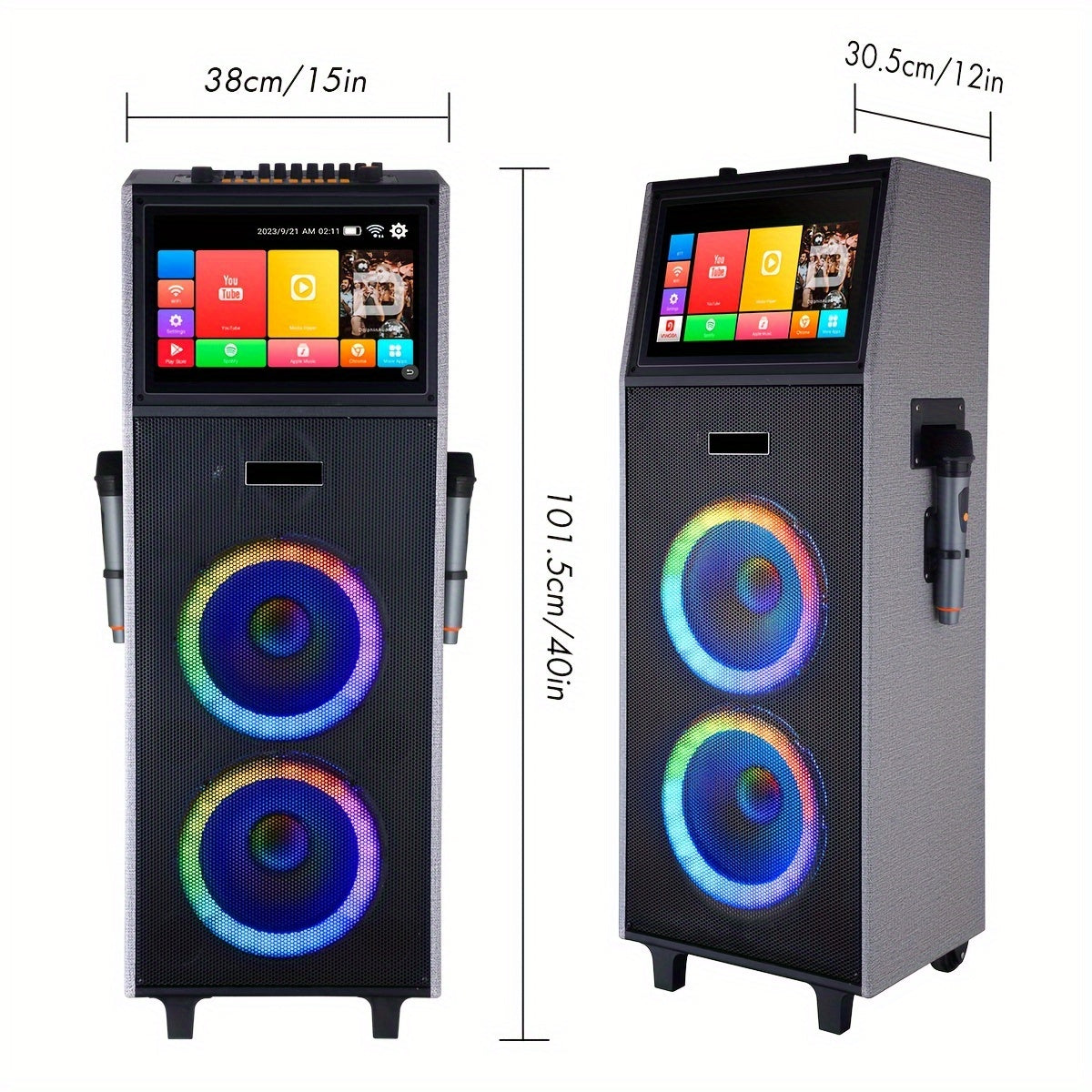 Karaoke Machine With 2 UHF Wireless Microphones For Adults, 4000W Dual 8'' Woofer All In One Wireless Karaoke Speaker, PA System With DJ Light, Rolling Wheels And Trolley, Perfect For Outdoor, 14.1" Touchscreen, USB/TF/FM/AUX