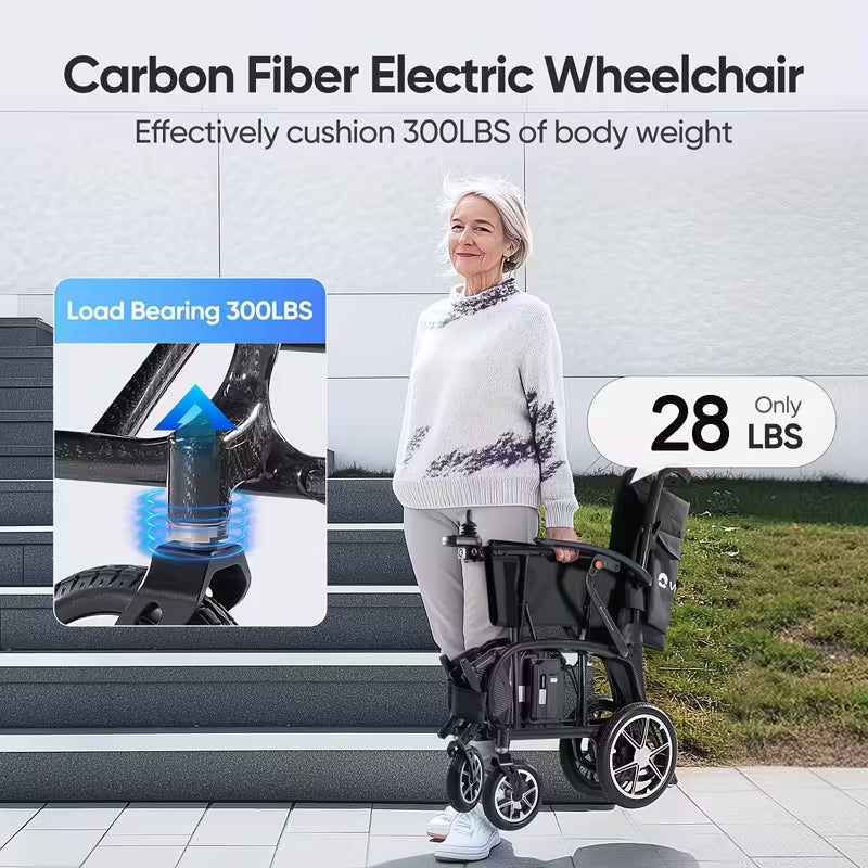 Lightweight Electric Wheelchairs for Adults, Foldable Carbon Fiber Wheelchairs Electric, 28lb, 300lbs Capacity, 12 Miles Long Range, All Terrain Scooter Electric, for Seniors