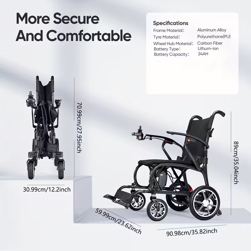 Lightweight Electric Wheelchairs for Adults, Foldable Carbon Fiber Wheelchairs Electric, 28lb, 300lbs Capacity, 12 Miles Long Range, All Terrain Scooter Electric, for Seniors