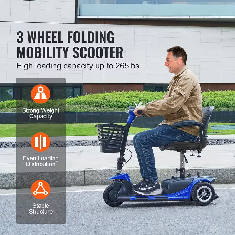 Lightweight Foldable 3 Wheel Mobility Scooter For Seniors With Basket And Light 180W