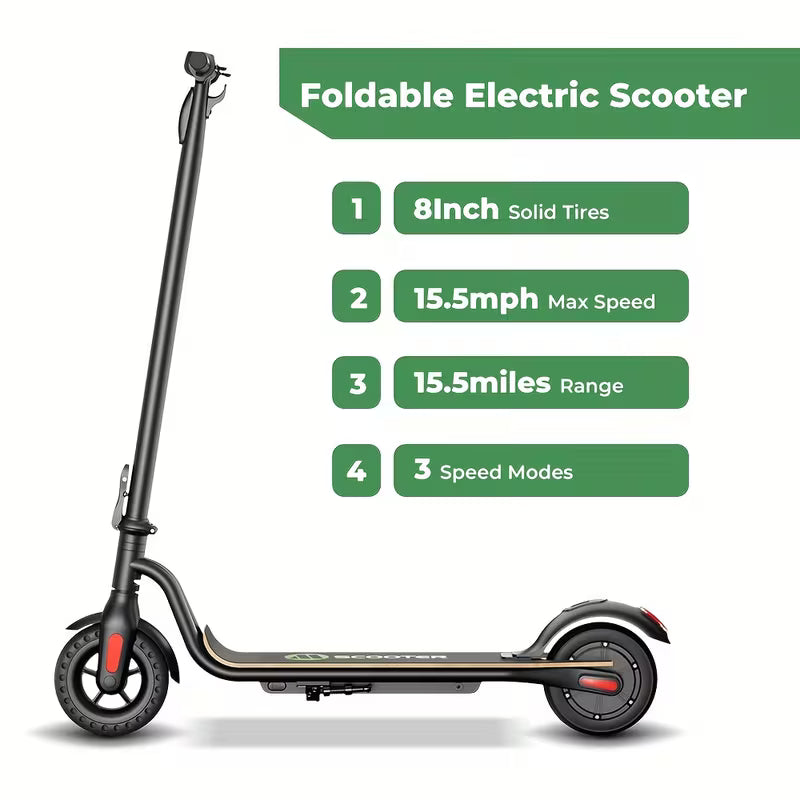Lightweight Folding Electric Scooter, Black, 8-Inch Tires, 250W Motor, 7.8Ah Battery, High Speed 25km/h, 3 Speed Modes, Up to 18-22km Range