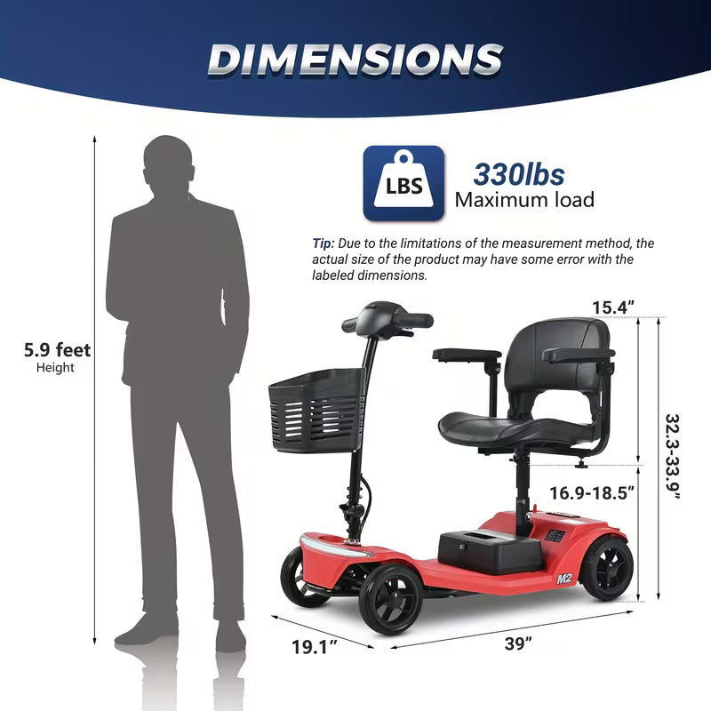 Mobility 4-wheel Electric Scooters With Removable Battery, 330 Lbs Max Weight & 32 KM Max Range