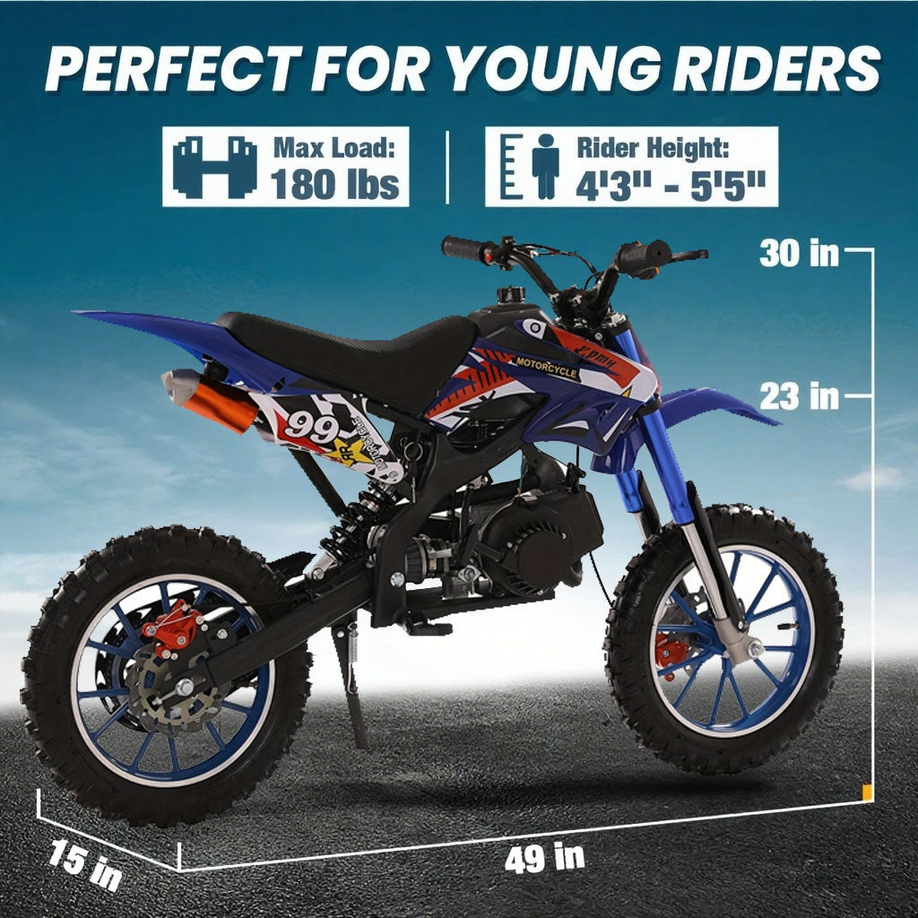 Gas Dirt Bike 49CC 2-stroke Off-road Vehicle, Mini Bike Gas Powered Motorcycle Off-road Race, Off-road Mini Motorcycle, Gas Off-road Motorcycle Go Kart, Gas Off-road Vehicle with A Load Capacity Of 300 Pounds Dirt Bike