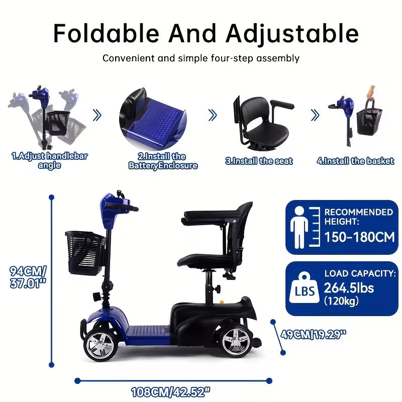 Mobility Aids for The, Four-wheel Foldable Mobility Scooters for Adults, 250w