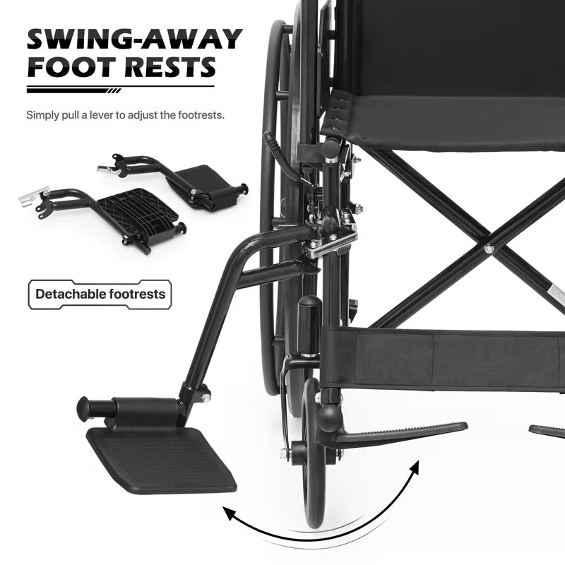 Monicare Portable Folding Wheel Chair with Flip-Back Armrest and Swing Away Foot Leg Rest, Steel Frame Nylon Seat, 18 inch Wide Seat