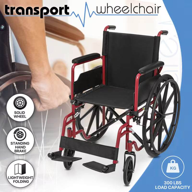 Monicare Portable Folding Wheel Chair with Flip-Back Armrest and Swing Away Foot Leg Rest, Steel Frame Nylon Seat, 18 inch Wide Seat