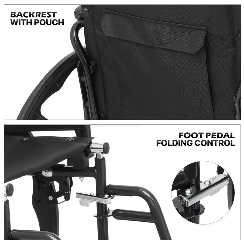Monicare Portable Folding Wheel Chair with Flip-Back Armrest and Swing Away Foot Leg Rest, Steel Frame Nylon Seat, 18 inch Wide Seat