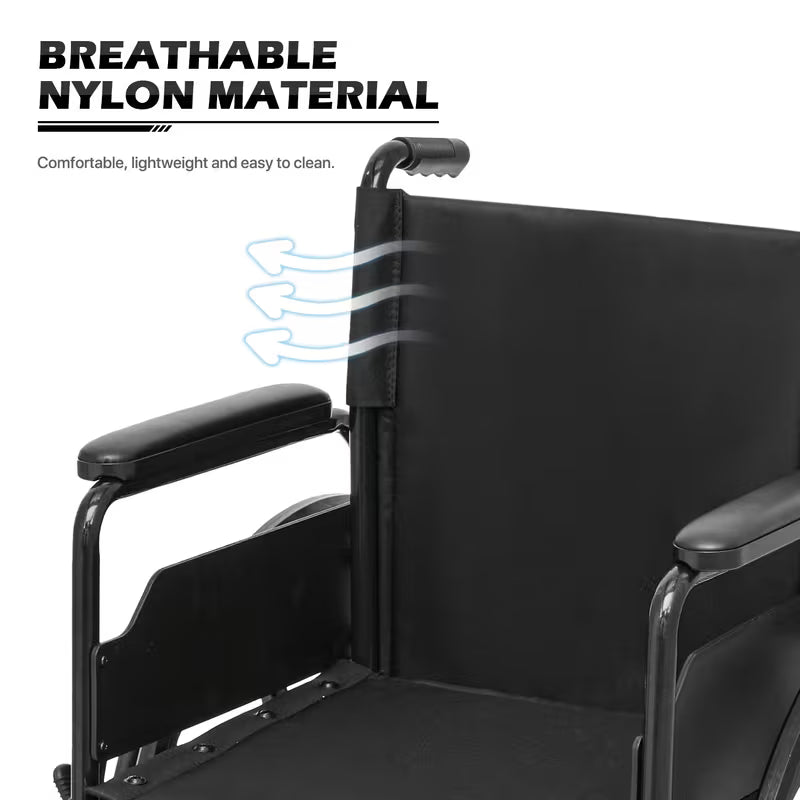 Monicare Portable Folding Wheel Chair with Flip-Back Armrest and Swing Away Foot Leg Rest, Steel Frame Nylon Seat, 18 inch Wide Seat