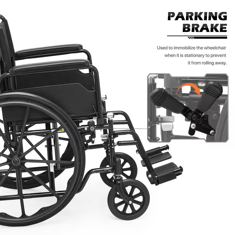 Monicare Portable Folding Wheel Chair with Flip-Back Armrest and Swing Away Foot Leg Rest, Steel Frame Nylon Seat, 18 inch Wide Seat