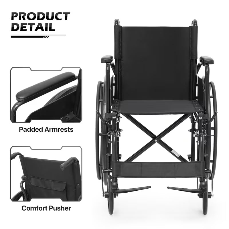 Monicare Portable Folding Wheel Chair with Flip-Back Armrest and Swing Away Foot Leg Rest, Steel Frame Nylon Seat, 18 inch Wide Seat