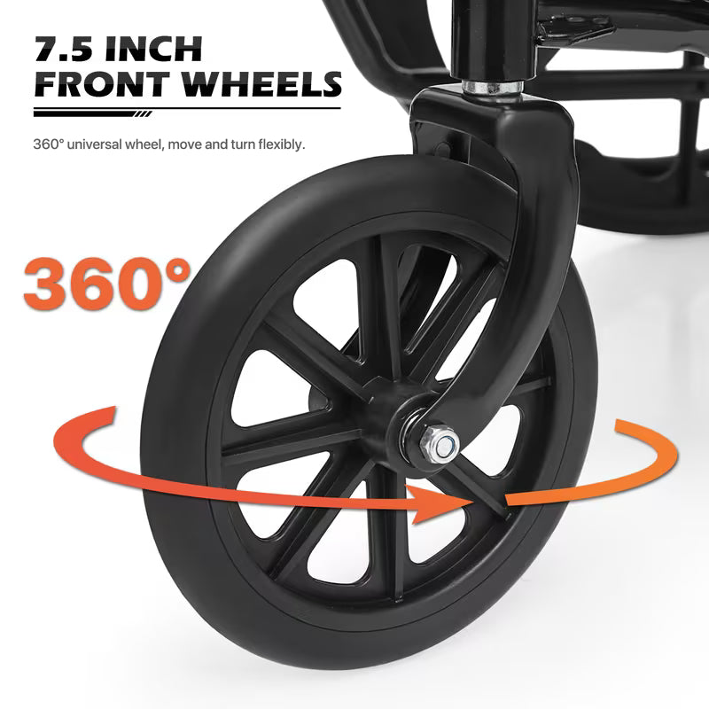 Monicare Portable Folding Wheel Chair with Flip-Back Armrest and Swing Away Foot Leg Rest, Steel Frame Nylon Seat, 18 inch Wide Seat